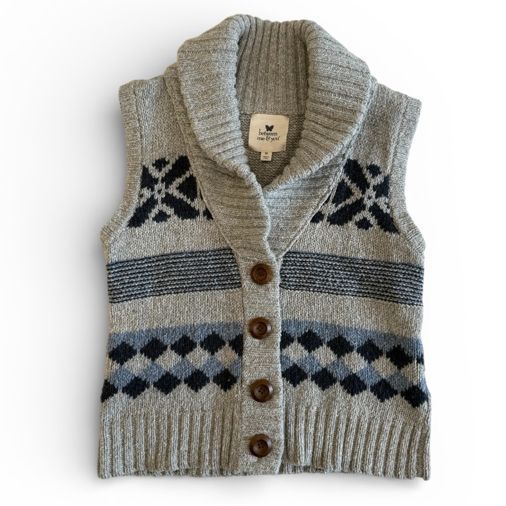 Between Me & You Gray Navy Sweater Vest Cotton/Wool Shawl Collar Button Up M